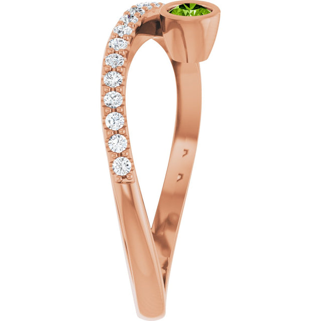 14K Gold Round Natural Peridot Criss-Cross Bezel-Set Ring – 3mm Stones - Rose Gold - view 4