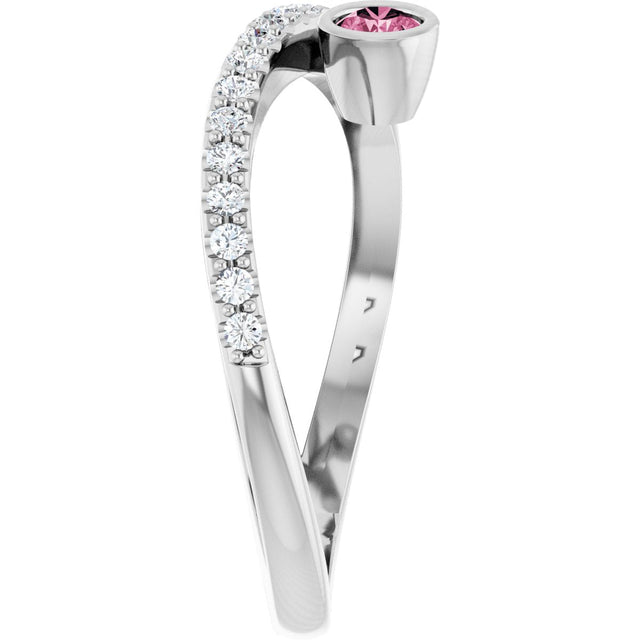 14K Gold Round Natural Pink Tourmaline Criss-Cross Bezel-Set Ring – 3mm Stones - White Gold - view 4