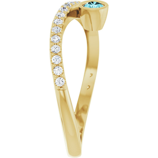 14K Gold Round Natural Blue Zircon Criss-Cross Bezel-Set Ring – 3mm Stones - Yellow Gold - view 4