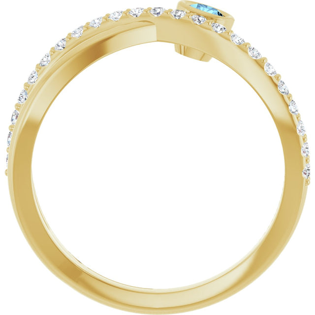 14K Gold Round Natural Aquamarine Criss-Cross Bezel-Set Ring – 3mm Stones - Yellow Gold - view 2