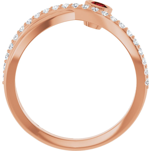 14K Gold Round Natural Mozambique Garnet Criss-Cross Bezel-Set Ring – 3mm Stones - Rose Gold - view 2