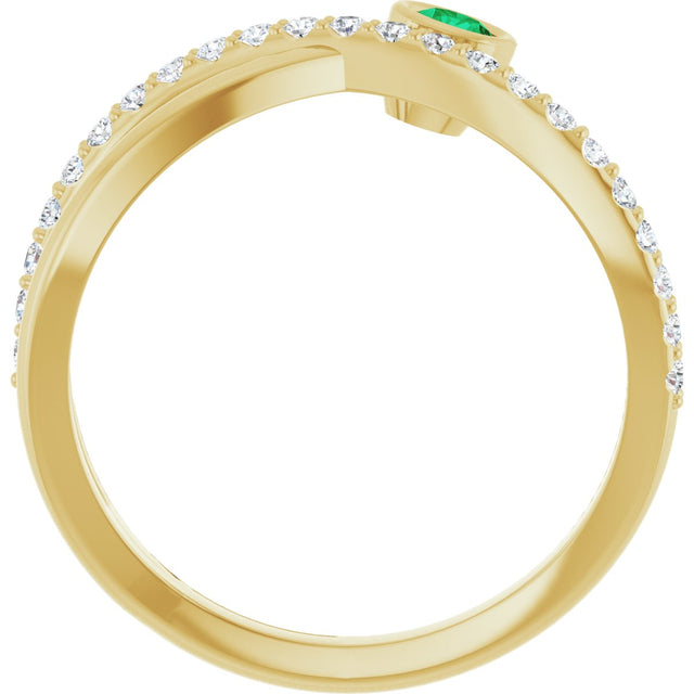 14K Gold Round Natural Emerald Criss-Cross Bezel-Set Ring – 3mm Stones - Yellow Gold - view 2