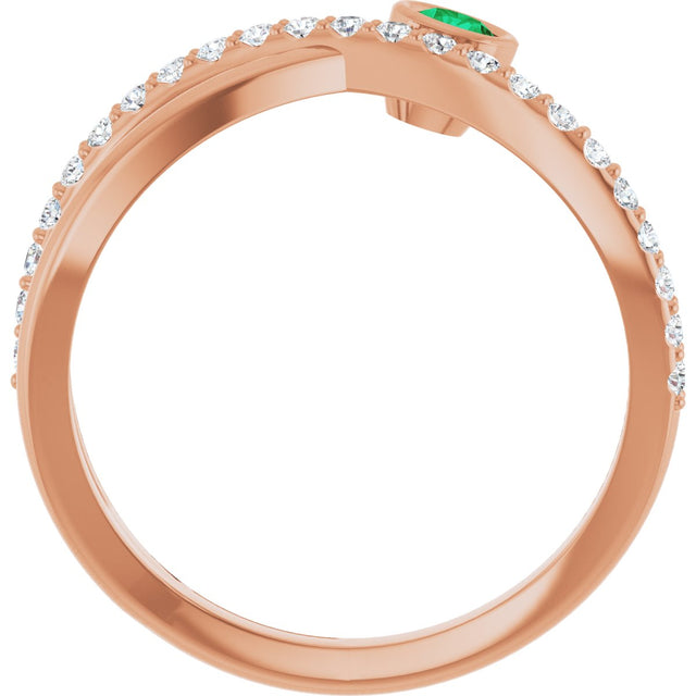 14K Gold Round Natural Emerald Criss-Cross Bezel-Set Ring – 3mm Stones - Rose Gold - view 2