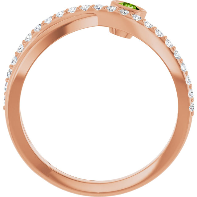 14K Gold Round Natural Peridot Criss-Cross Bezel-Set Ring – 3mm Stones - Rose Gold - view 2