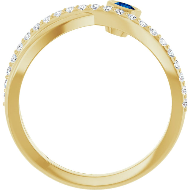 14K Gold Round Natural Blue Sapphire Criss-Cross Bezel-Set Ring – 3mm Stones - Yellow Gold - view 2