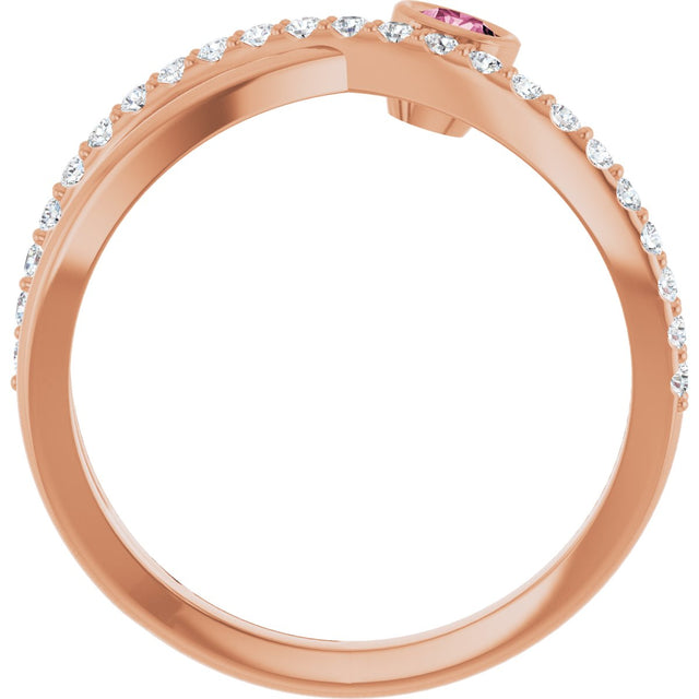 14K Gold Round Natural Pink Tourmaline Criss-Cross Bezel-Set Ring – 3mm Stones - Rose Gold - view 2