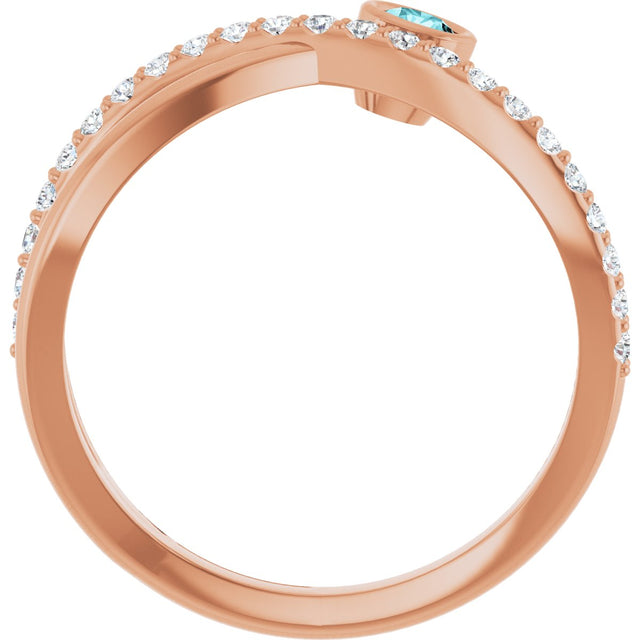 14K Gold Round Natural Blue Zircon Criss-Cross Bezel-Set Ring – 3mm Stones - Rose Gold - view 2