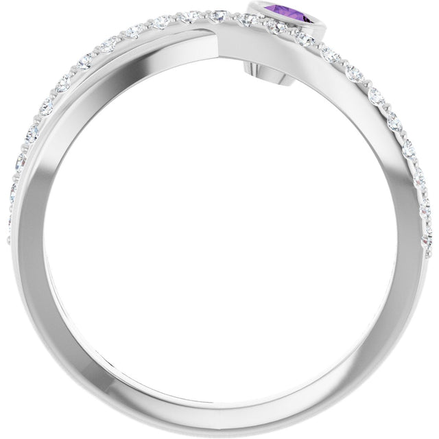 14K Gold Round Natural Amethyst Criss-Cross Bezel-Set Ring – 3mm Stones - White Gold - view 2