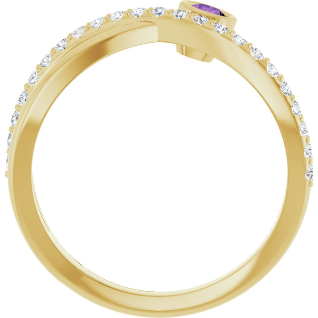 14K Gold Round Natural Amethyst Criss-Cross Bezel-Set Ring – 3mm Stones - Yellow Gold - view 2