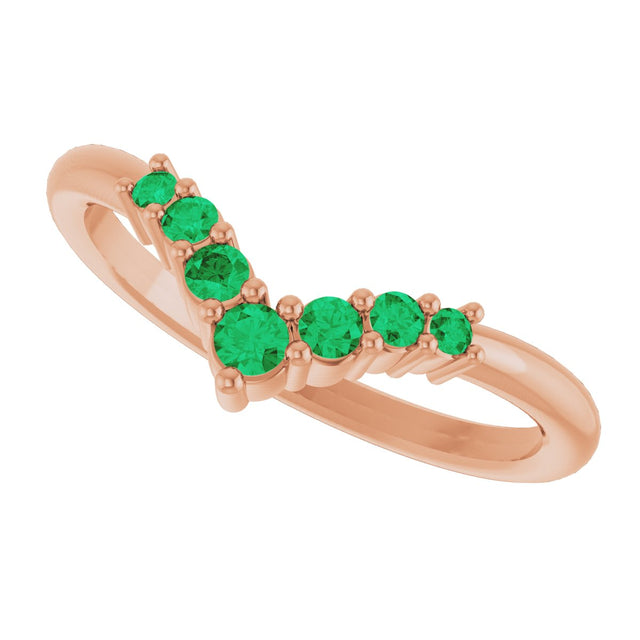 14K Gold Round Natural Emerald Graduated V Ring - Rose Gold - view 5
