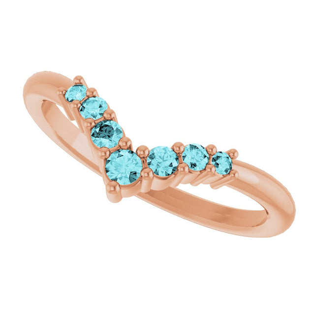 14K Gold Round Natural Blue Zircon Graduated V Ring - Rose Gold - view 5