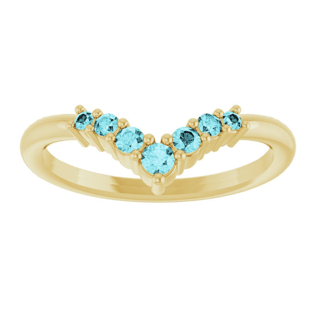 14K Gold Round Natural Blue Zircon Graduated V Ring - Yellow Gold - view 3