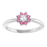 Platinum Round Natural Pink Tourmaline Youth Flower Ring - view 3