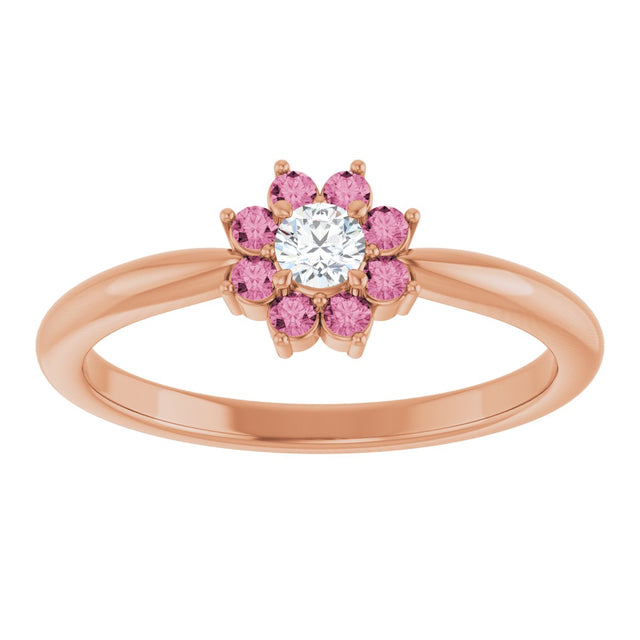 14K Gold Round Natural Pink Tourmaline Youth Flower Ring - Rose Gold - view 3