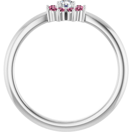Platinum Round Natural Pink Tourmaline Youth Flower Ring - view 2