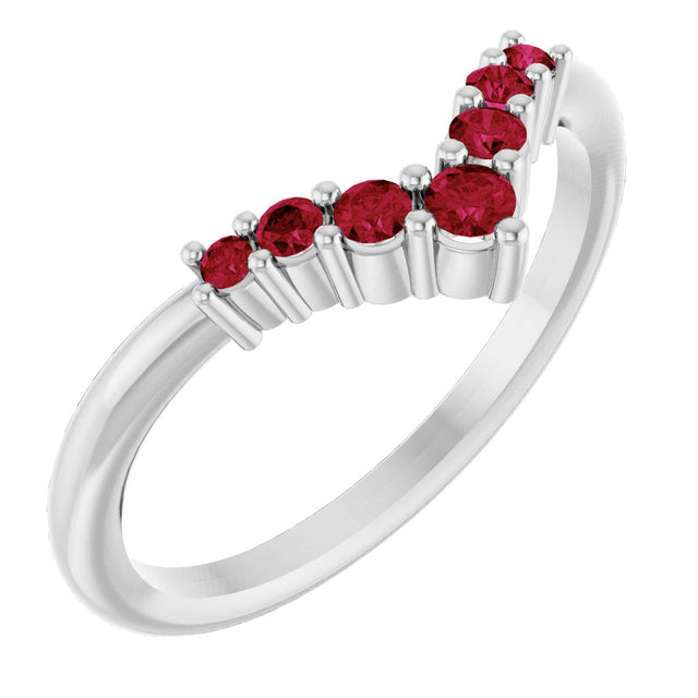 14K Gold Round Natural Ruby Graduated V Ring - White Gold