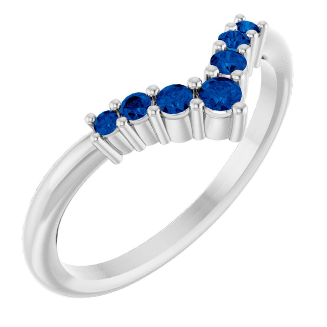 Platinum Round Natural Blue Sapphire Graduated V Ring