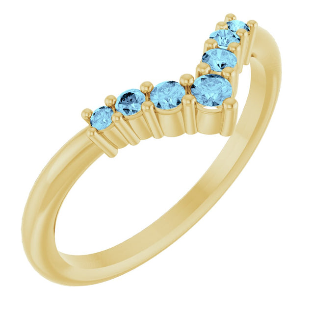 14K Gold Round Natural Aquamarine Graduated V Ring - Yellow Gold