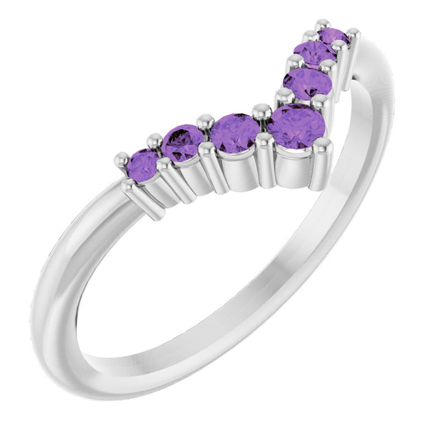 14K Gold Round Natural Amethyst Graduated V Ring - White Gold
