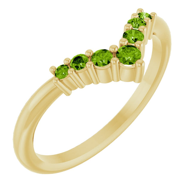 14K Gold Round Natural Peridot Graduated V Ring - Yellow Gold