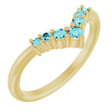 14K Gold Round Natural Blue Zircon Graduated V Ring - Yellow Gold