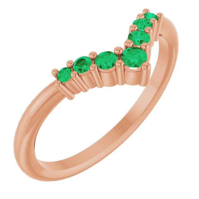 14K Gold Round Natural Emerald Graduated V Ring - Rose Gold