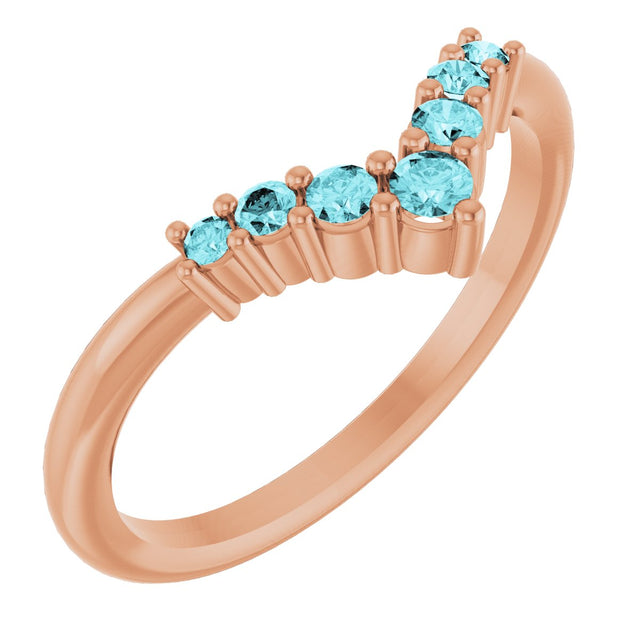 14K Gold Round Natural Blue Zircon Graduated V Ring - Rose Gold
