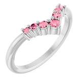 14K Gold Round Natural Pink Tourmaline Graduated V Ring - White Gold