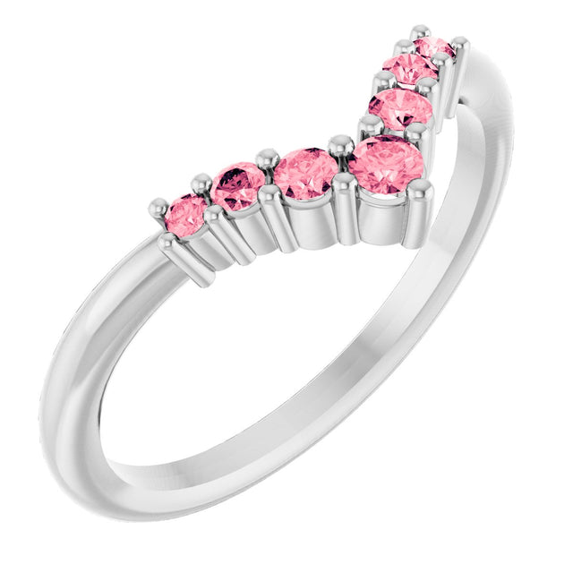 Platinum Round Natural Pink Tourmaline Graduated V Ring