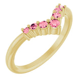 14K Gold Round Natural Pink Tourmaline Graduated V Ring - Yellow Gold