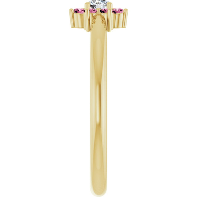 14K Gold Round Natural Pink Tourmaline Youth Flower Ring - Yellow Gold - view 4