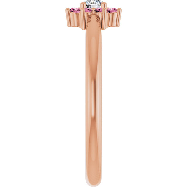 14K Gold Round Natural Pink Tourmaline Youth Flower Ring - Rose Gold - view 4