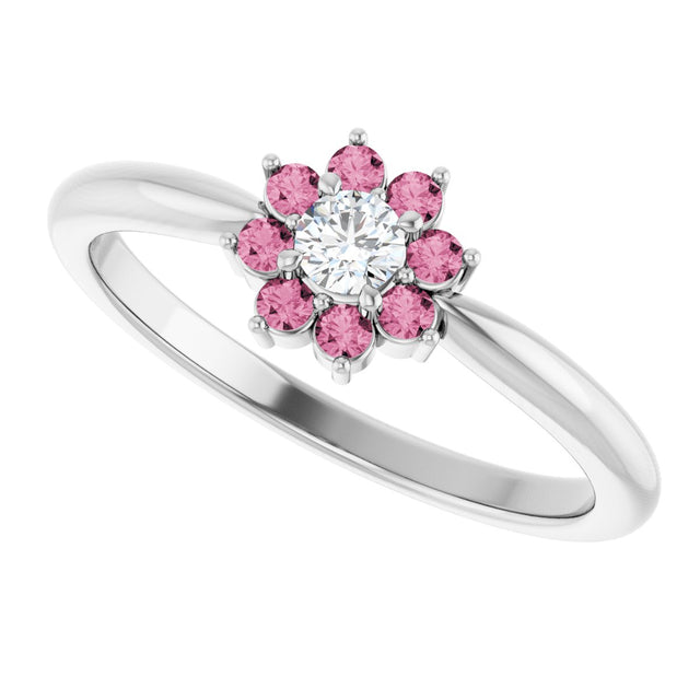 Platinum Round Natural Pink Tourmaline Youth Flower Ring - view 5