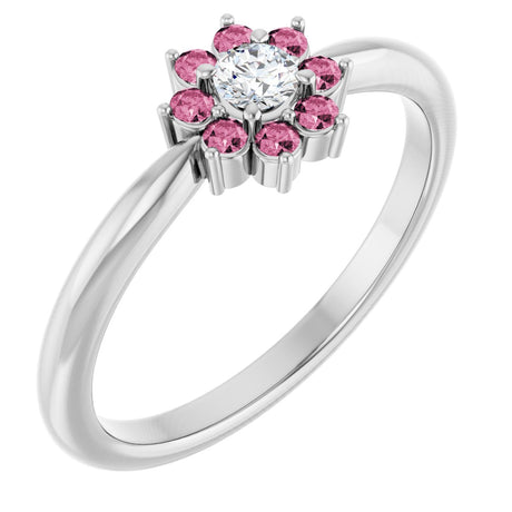 14K Gold Round Natural Pink Tourmaline Youth Flower Ring - White Gold