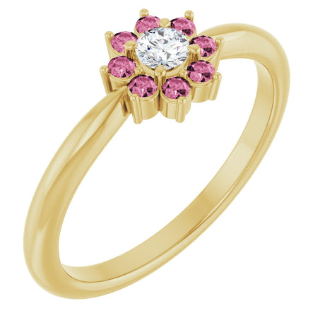 14K Gold Round Natural Pink Tourmaline Youth Flower Ring - Yellow Gold