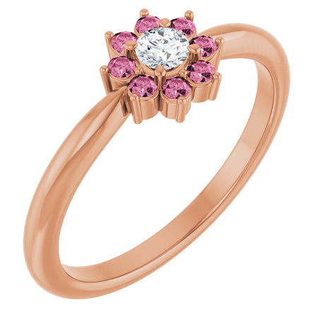 14K Gold Round Natural Pink Tourmaline Youth Flower Ring - Rose Gold