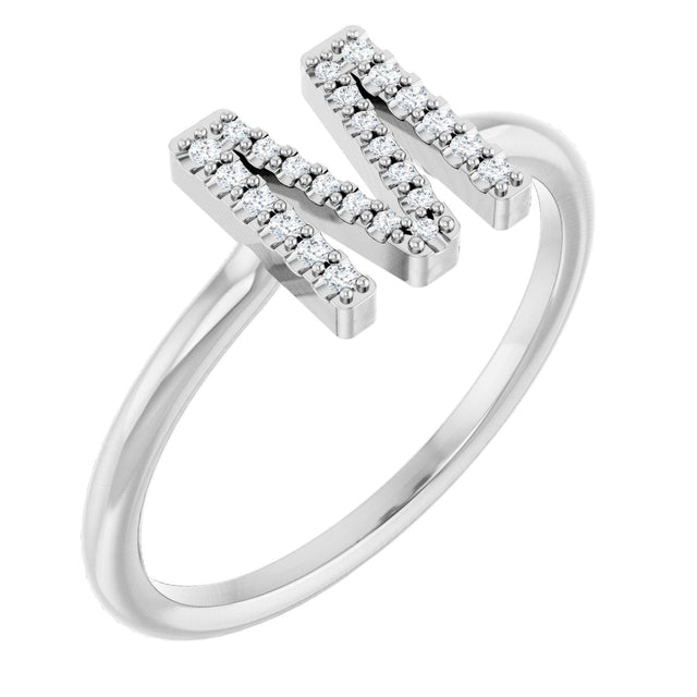 14K Gold Round Natural Diamond Accented Initial Ring - White Gold