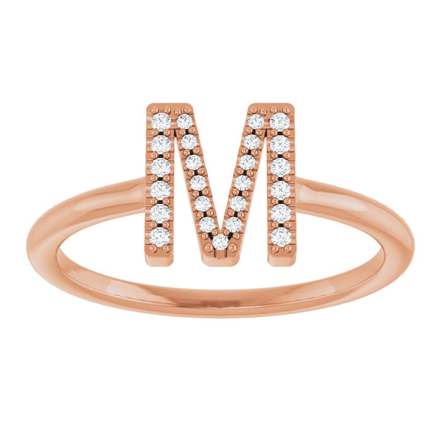 14K Gold Round Natural Diamond Accented Initial Ring - Rose Gold - view 3