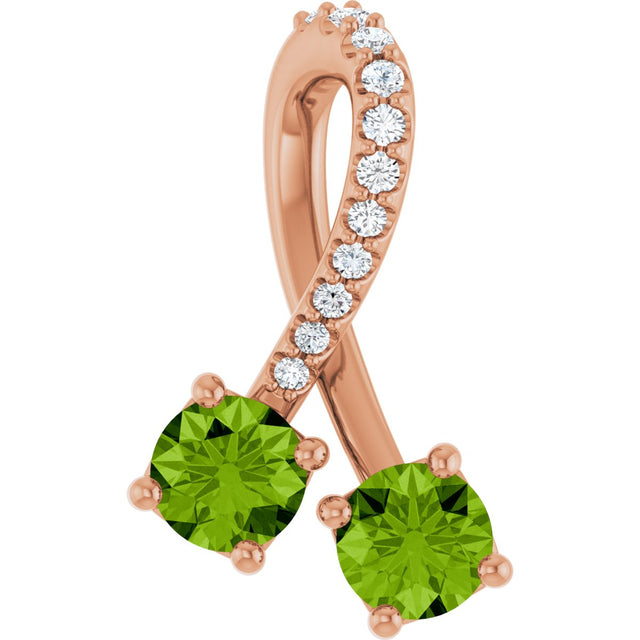14K Gold Round Natural Peridot Two-Stone Necklace or Pendant - Rose Gold