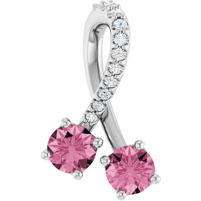 Platinum Round Natural Pink Tourmaline Two-Stone Necklace or Pendant