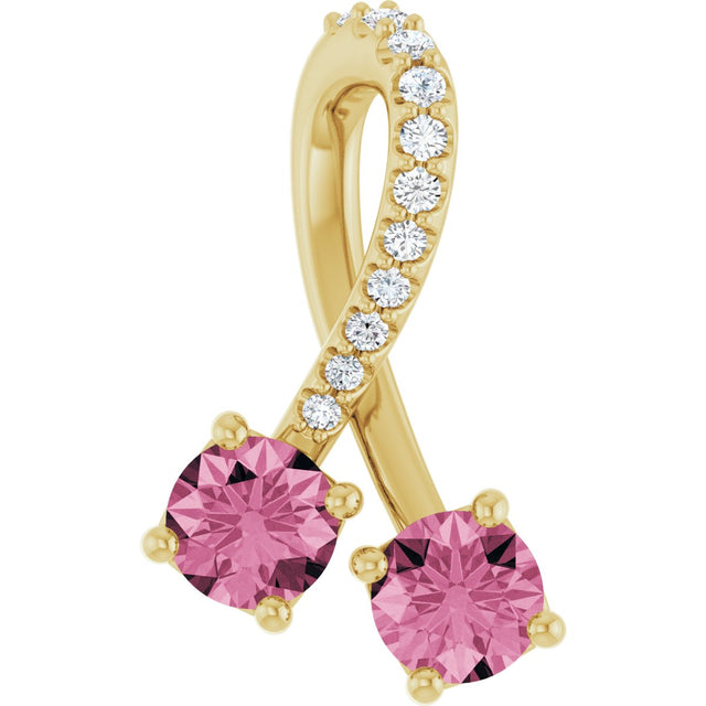14K Gold Round Natural Pink Tourmaline Two-Stone Necklace or Pendant - Yellow Gold