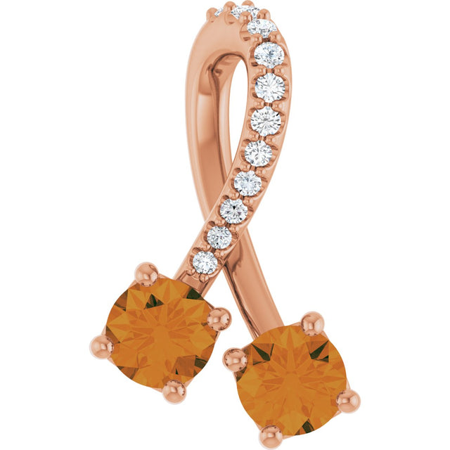 14K Gold Round Natural Citrine Two-Stone Necklace or Pendant - Rose Gold
