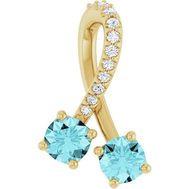14K Gold Round Natural Blue Zircon Two-Stone Necklace or Pendant - Yellow Gold