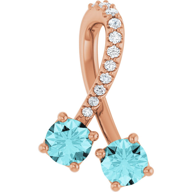 14K Gold Round Natural Blue Zircon Two-Stone Necklace or Pendant - Rose Gold