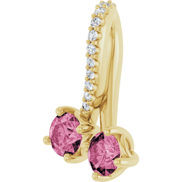 14K Gold Round Natural Pink Tourmaline Two-Stone Necklace or Pendant - Yellow Gold - view 2