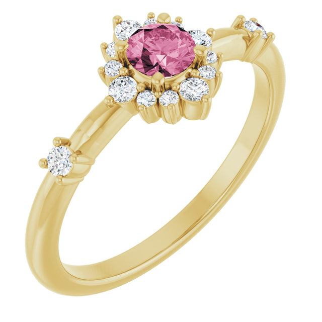 14K Gold Oval Natural Pink Tourmaline Halo-Style Ring - Yellow Gold