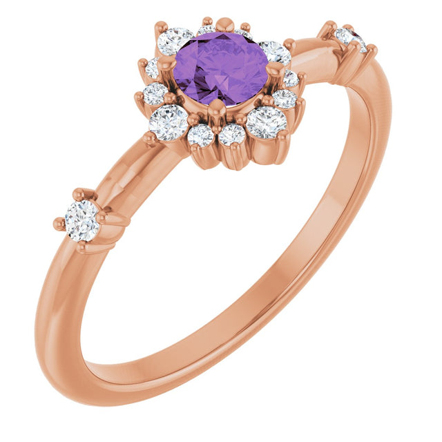 14K Gold Oval Natural Amethyst Halo-Style Ring - Rose Gold