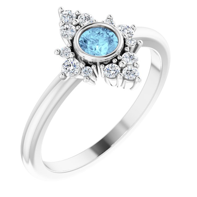 14K Gold Round Natural Aquamarine Halo-Style Ring - White Gold
