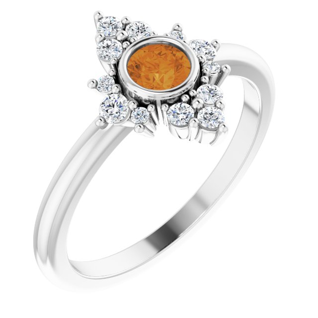 14K Gold Round Natural Citrine Halo-Style Ring - White Gold