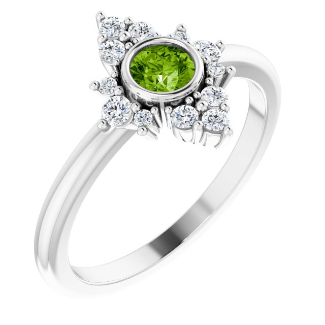 14K Gold Round Natural Peridot Halo-Style Ring - White Gold
